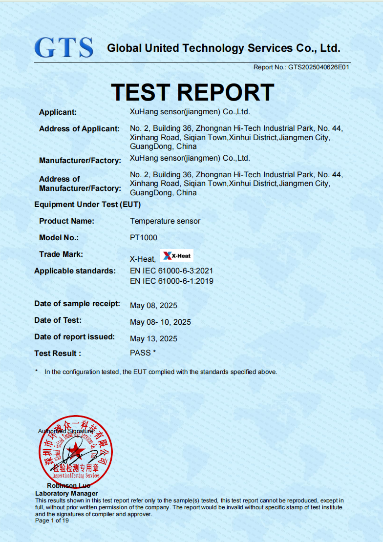 Certificate of Temperature sensor